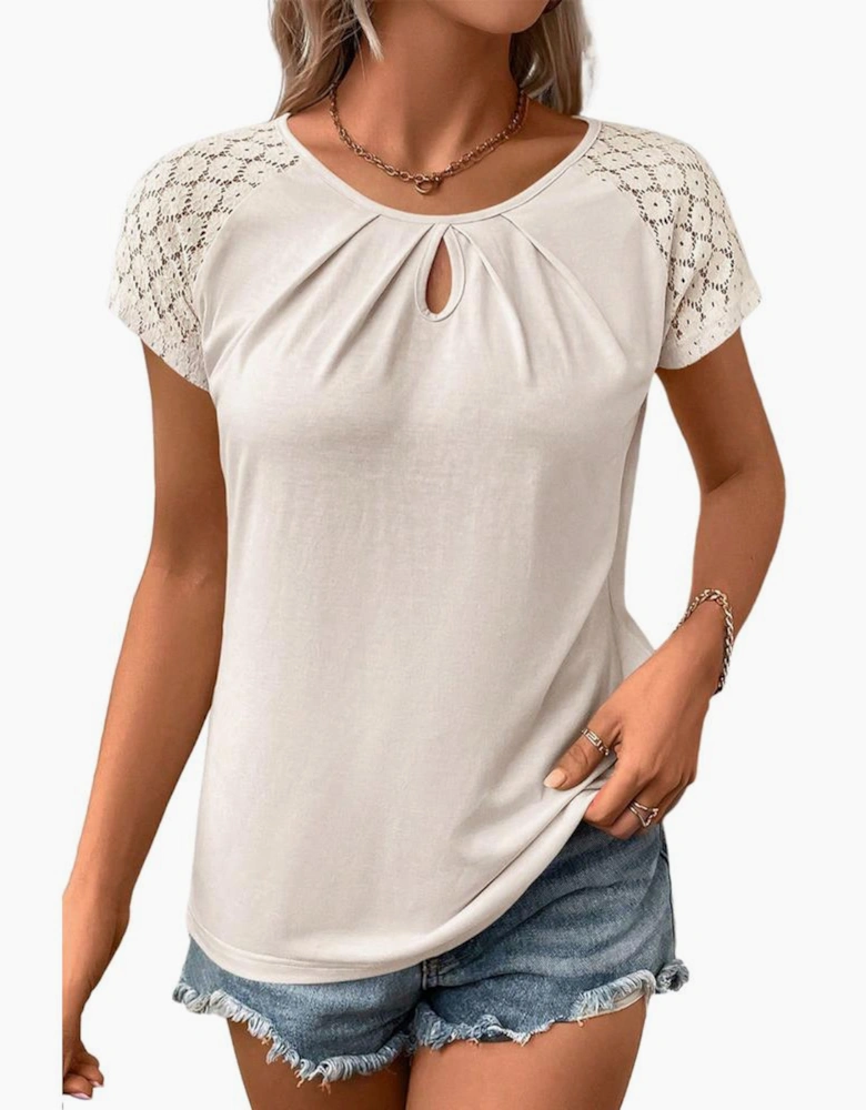 White Contrast Lace Sleeve Keyhole Decor Top
