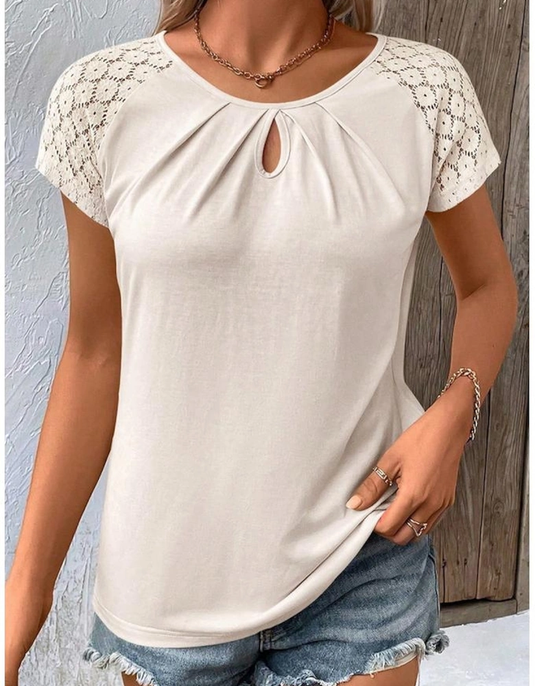 White Contrast Lace Sleeve Keyhole Decor Top