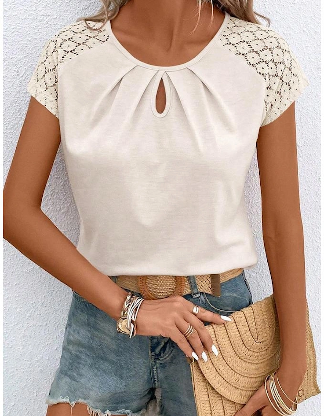 White Contrast Lace Sleeve Keyhole Decor Top, 8 of 7