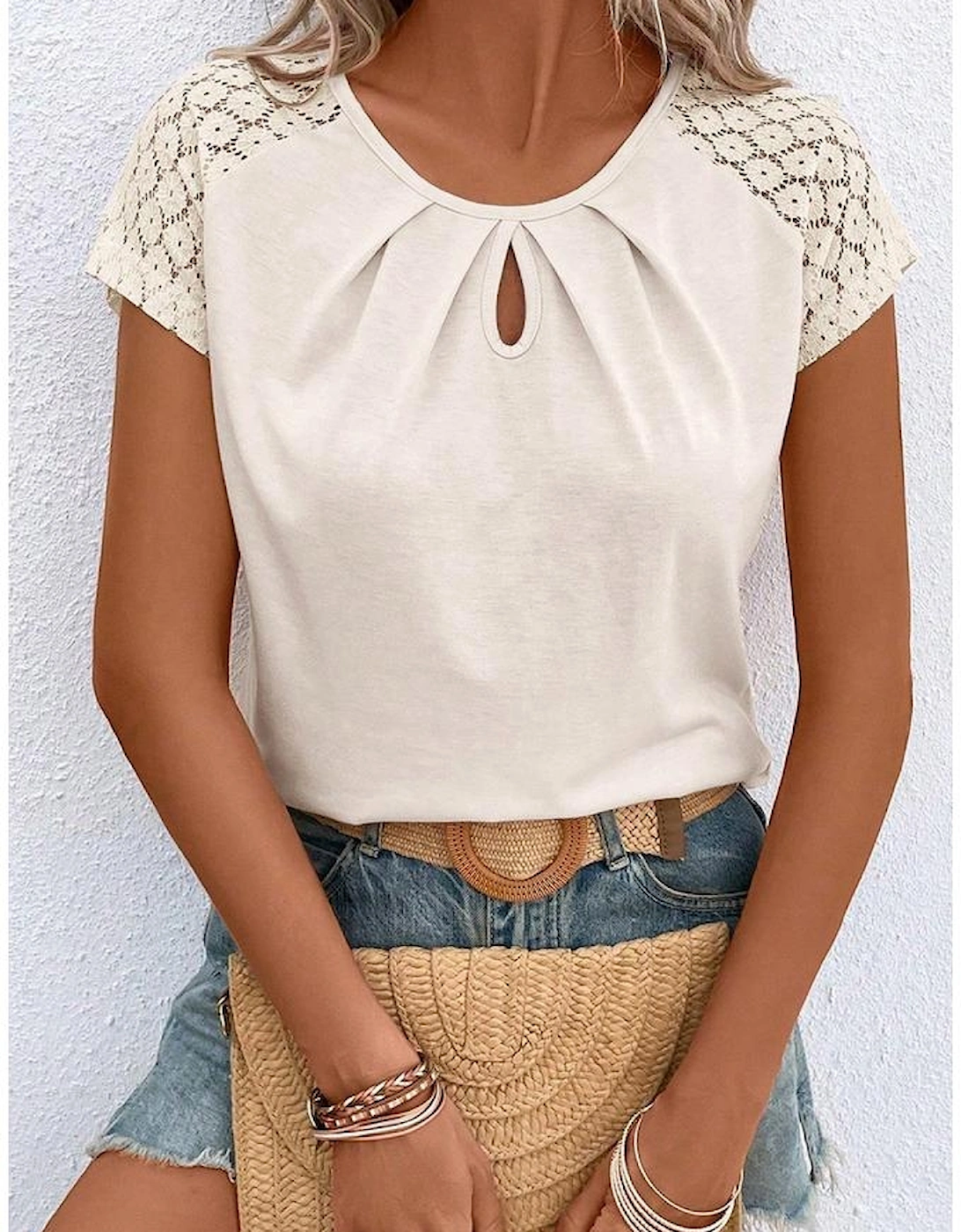 White Contrast Lace Sleeve Keyhole Decor Top