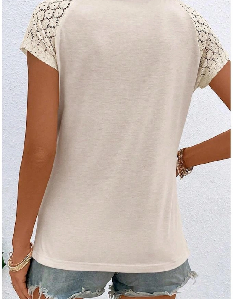 White Contrast Lace Sleeve Keyhole Decor Top