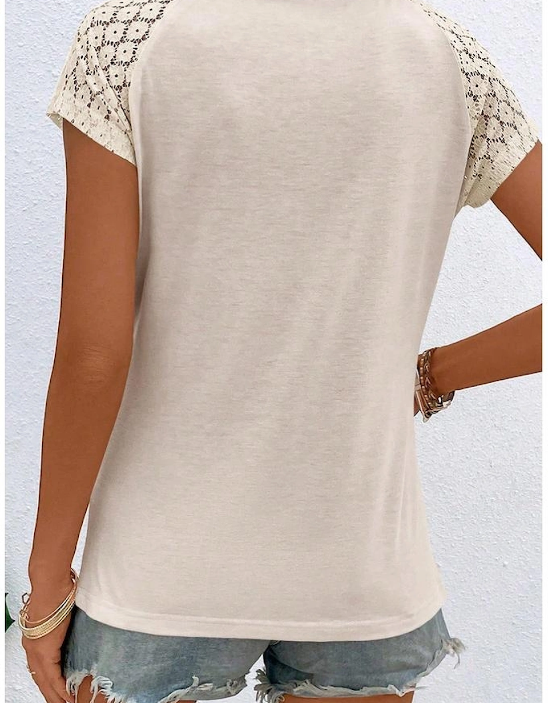 White Contrast Lace Sleeve Keyhole Decor Top