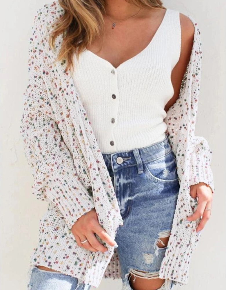 White Confetti Rib Knit Long Sleeve Cardigan
