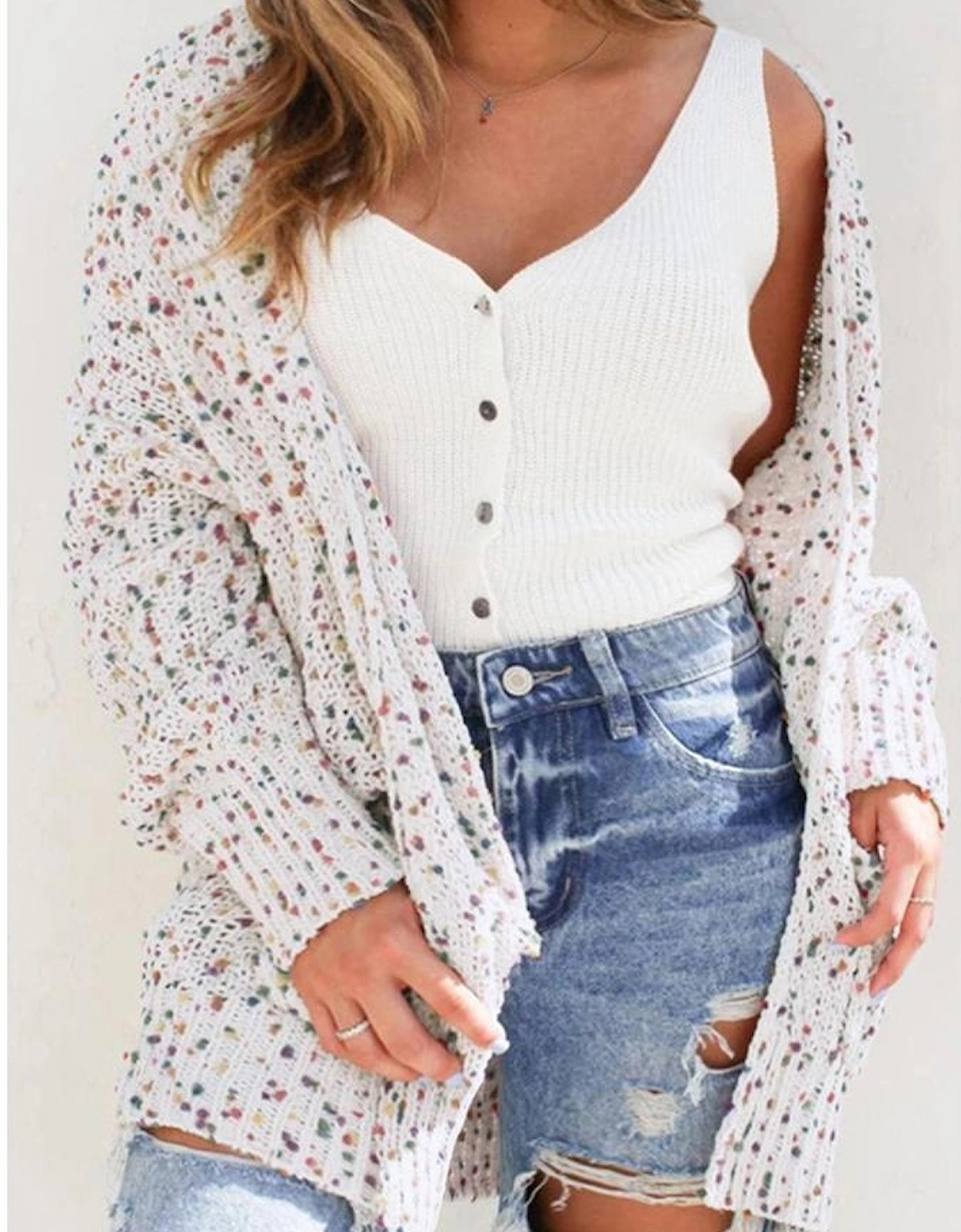 White Confetti Rib Knit Long Sleeve Cardigan, 14 of 13