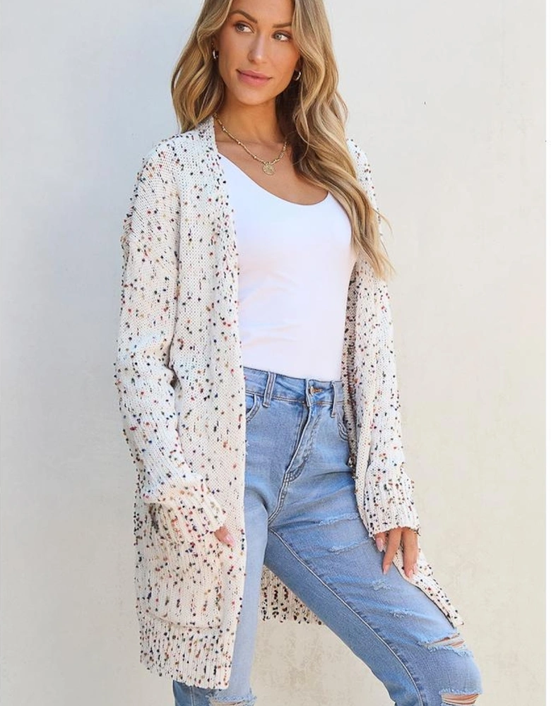 White Confetti Rib Knit Long Sleeve Cardigan