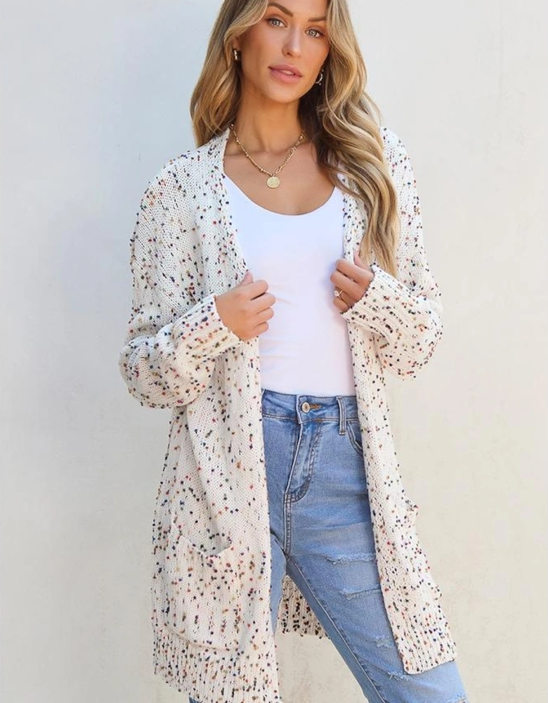 White Confetti Rib Knit Long Sleeve Cardigan