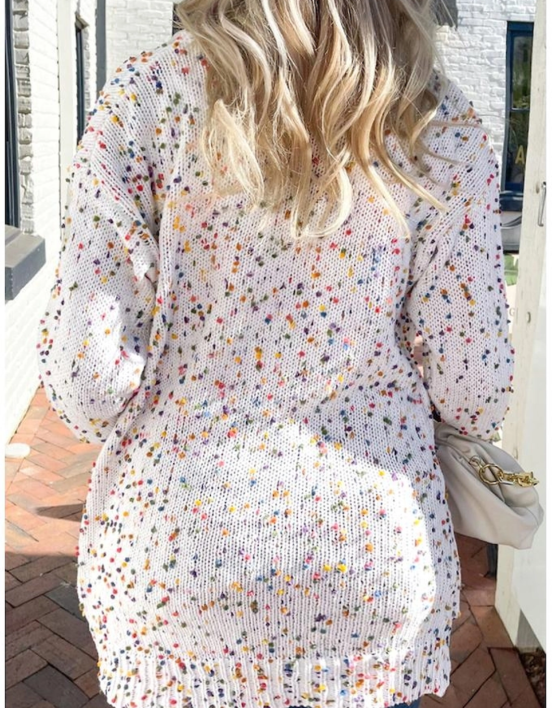 White Confetti Rib Knit Long Sleeve Cardigan