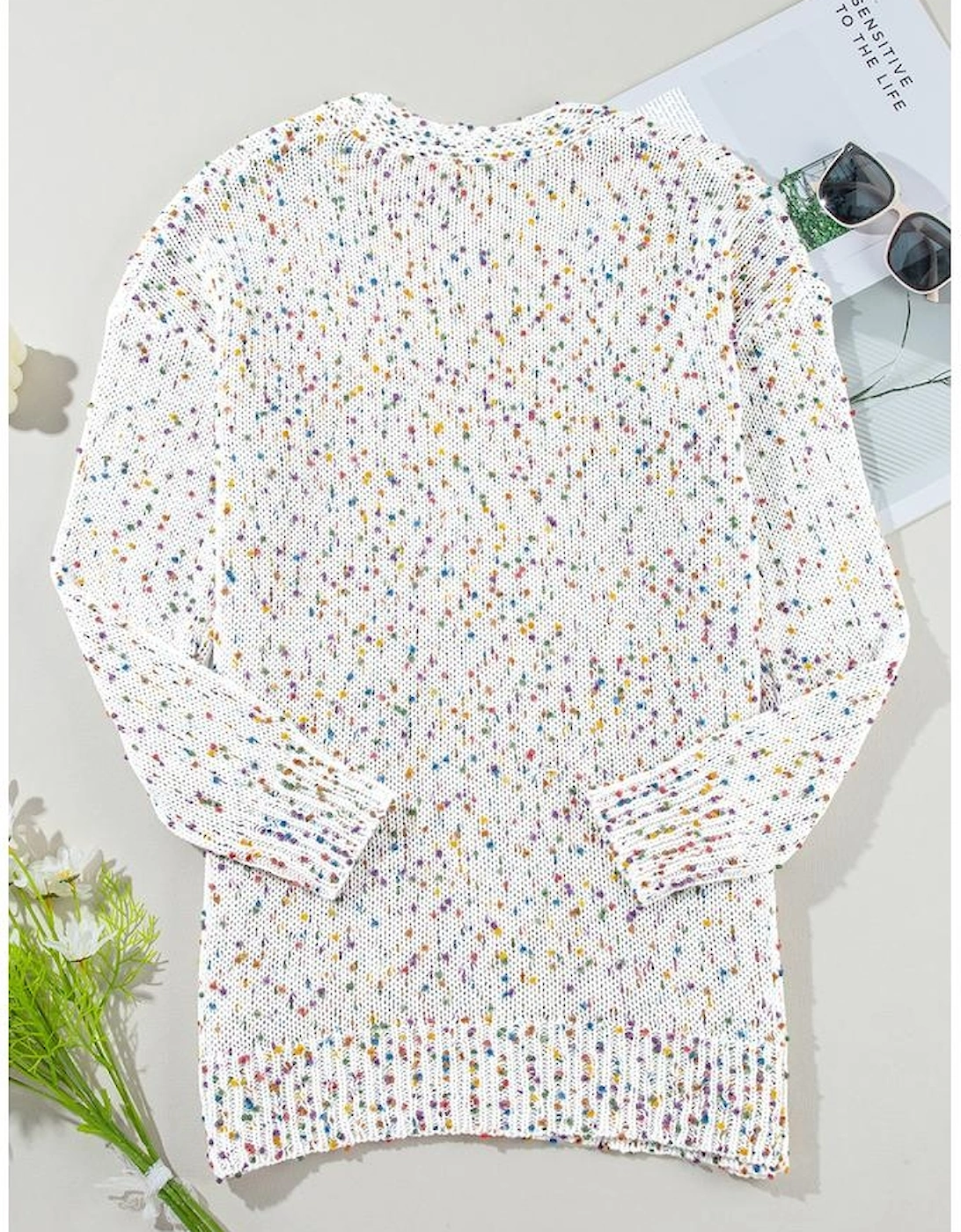 White Confetti Rib Knit Long Sleeve Cardigan