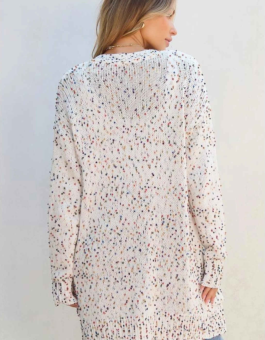 White Confetti Rib Knit Long Sleeve Cardigan