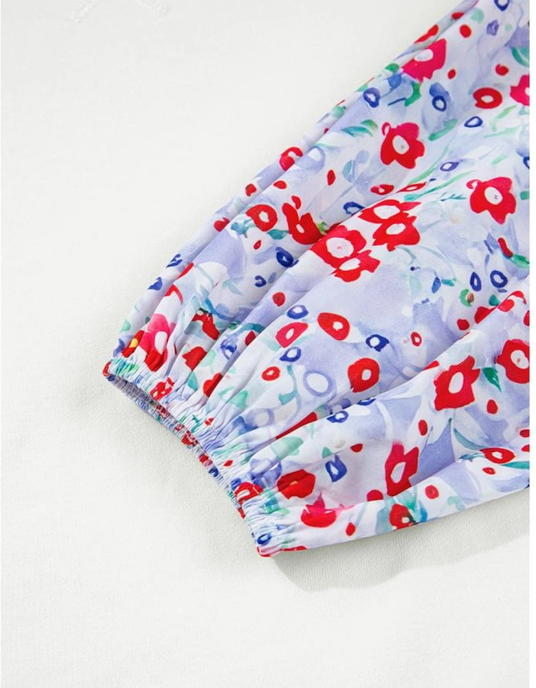 White Floral Ruffled Balloon Sleeve Patchwork Loose Blouse