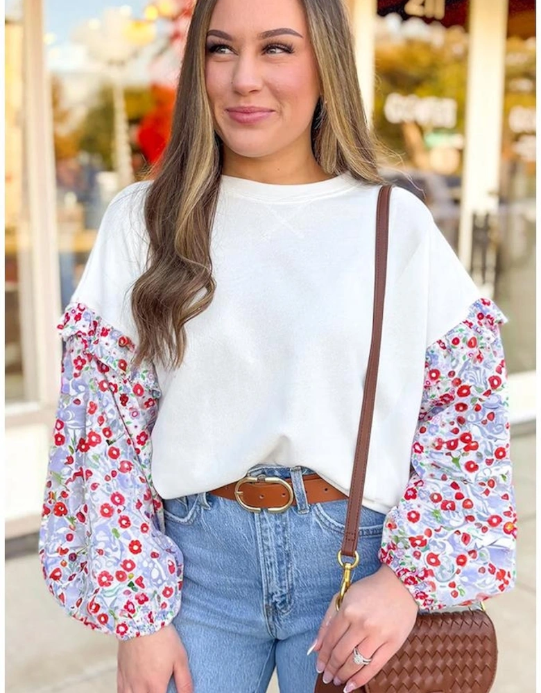 White Floral Ruffled Balloon Sleeve Patchwork Loose Blouse