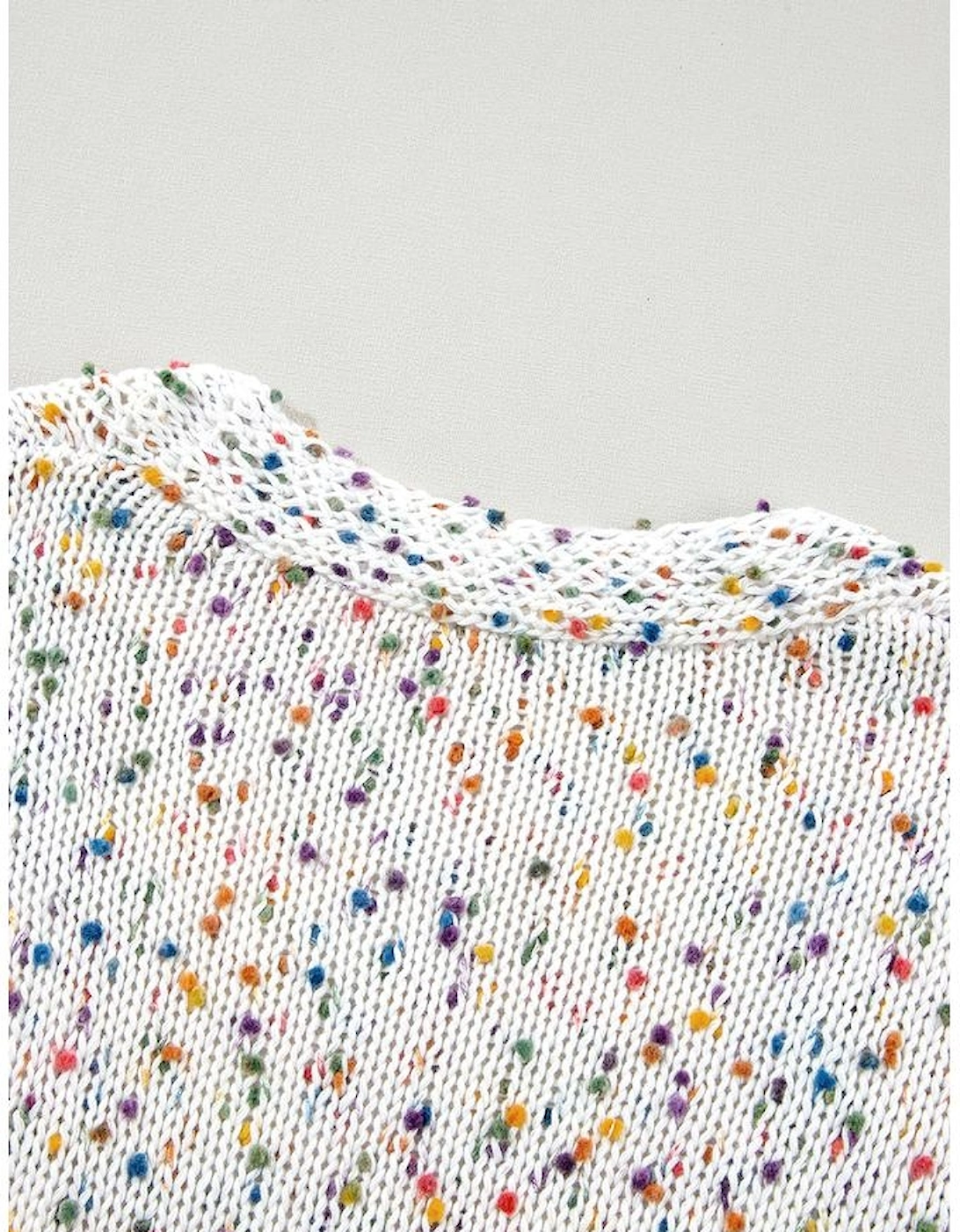 White Confetti Rib Knit Long Sleeve Cardigan