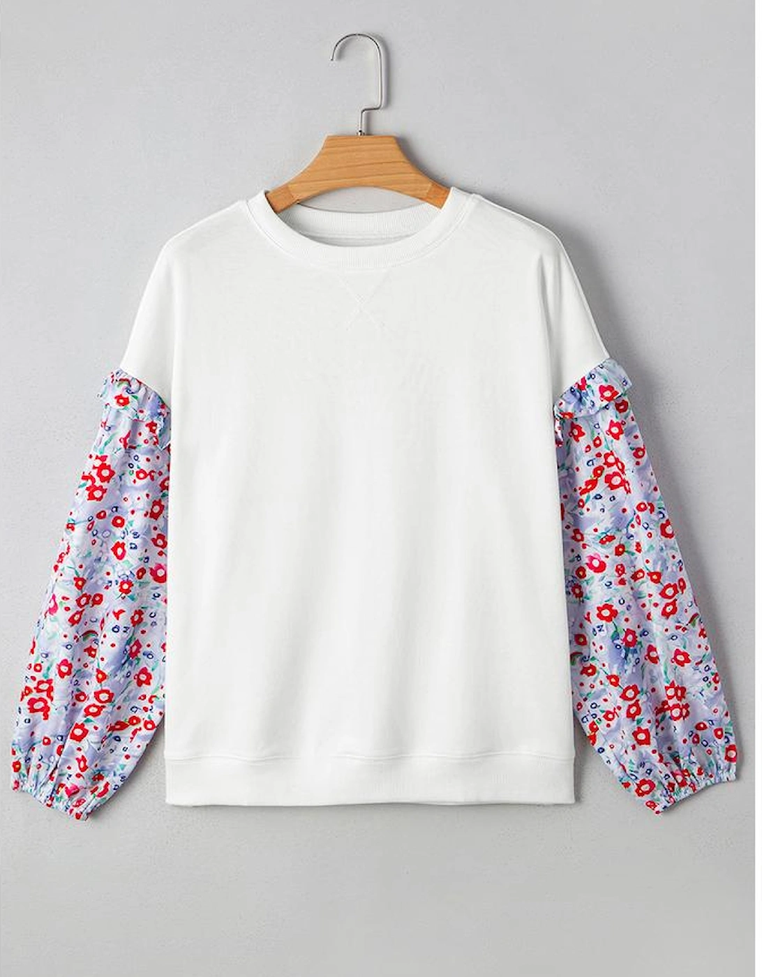 White Floral Ruffled Balloon Sleeve Patchwork Loose Blouse