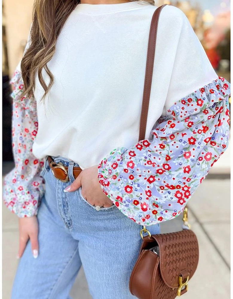 White Floral Ruffled Balloon Sleeve Patchwork Loose Blouse