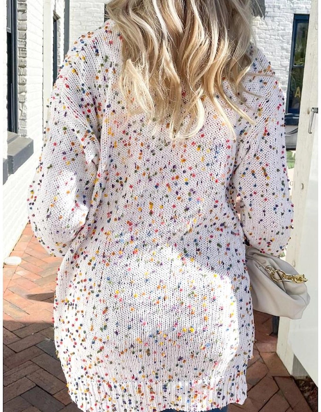 White Confetti Rib Knit Long Sleeve Cardigan