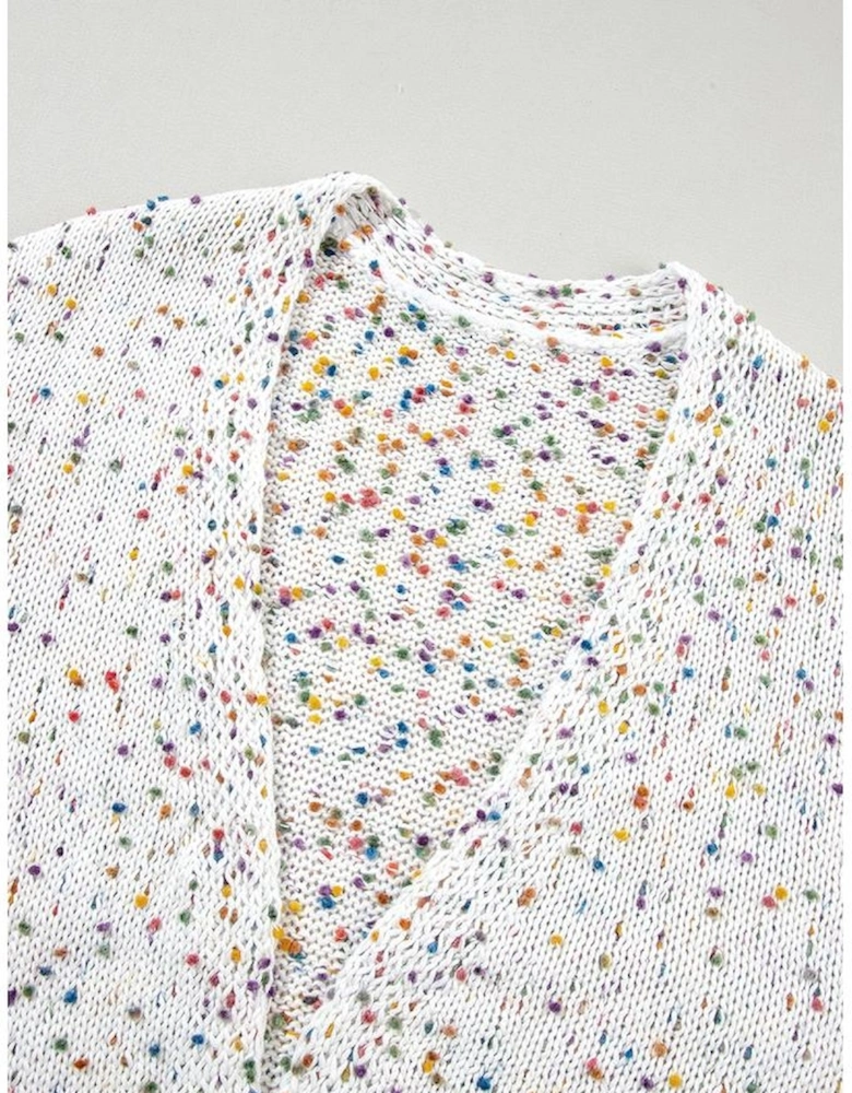 White Confetti Rib Knit Long Sleeve Cardigan