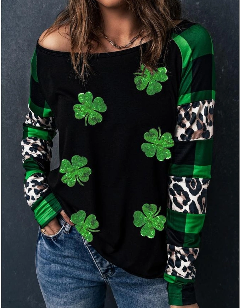 Green Sequin Clover Patch Graphic Plaid&Leopard Sleeve Top