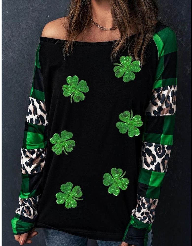 Green Sequin Clover Patch Graphic Plaid&Leopard Sleeve Top