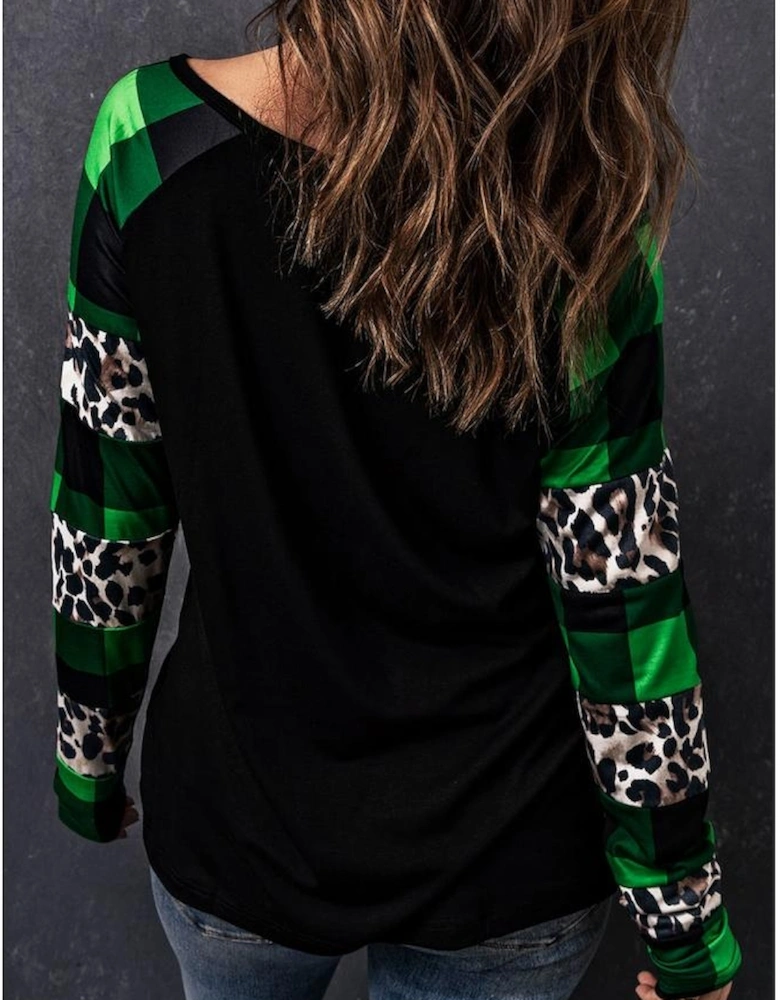 Green Sequin Clover Patch Graphic Plaid&Leopard Sleeve Top