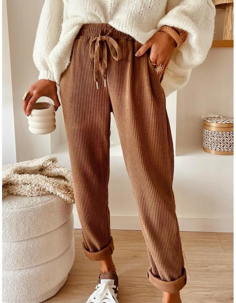 Chestnut Drawstring Elastic Waist Casual Corduroy Pants
