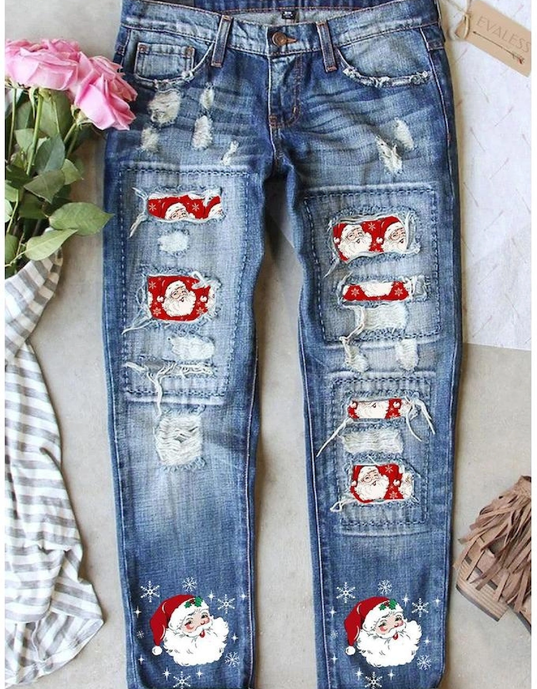 Azura Exchange Sky Blue Christmas Santa Claus Patchwork Distressed Boyfriend Jeans, 3 of 2
