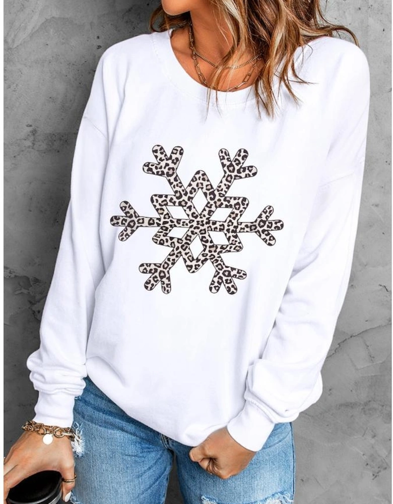 White Leopard Snowflake Pullover Sweatshirt