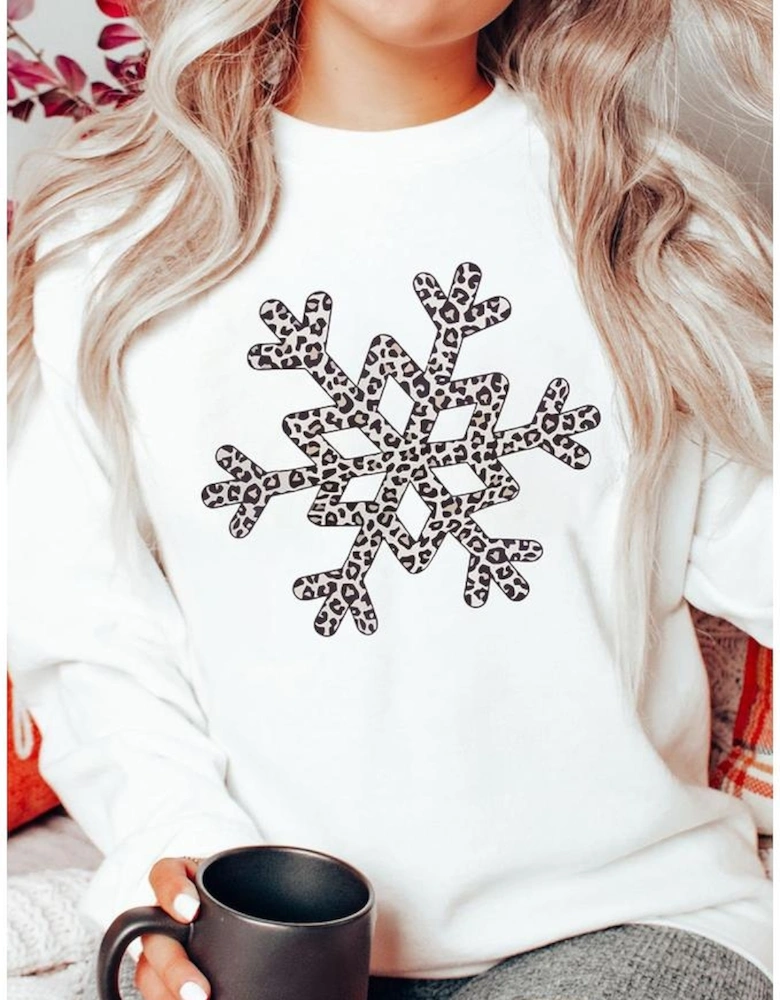 White Leopard Snowflake Pullover Sweatshirt
