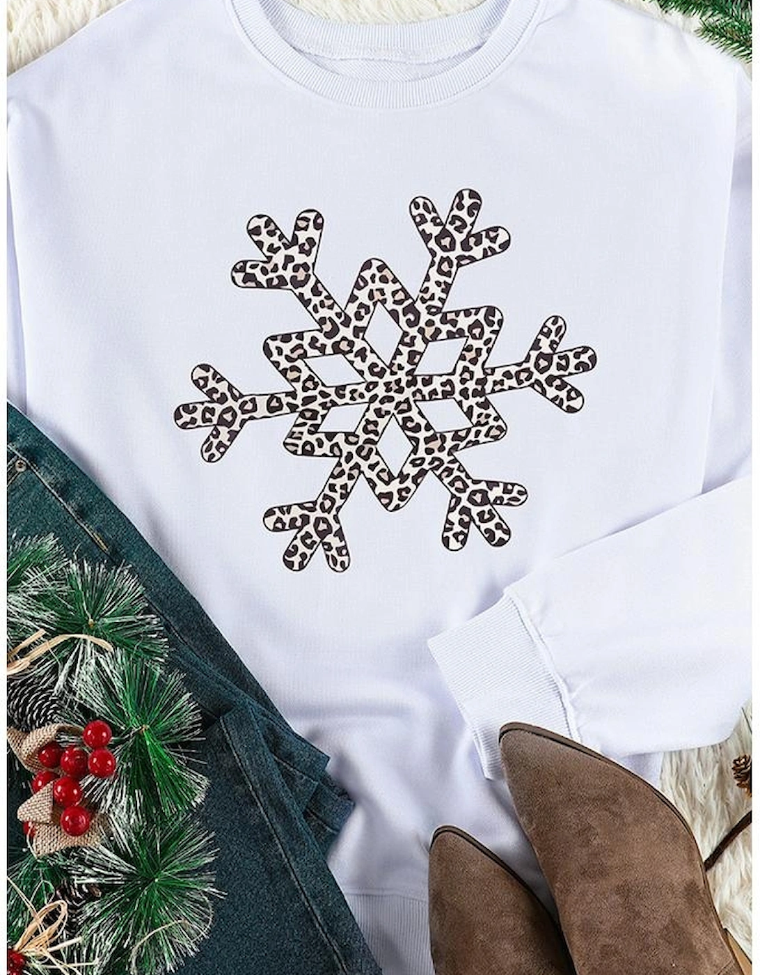 White Leopard Snowflake Pullover Sweatshirt