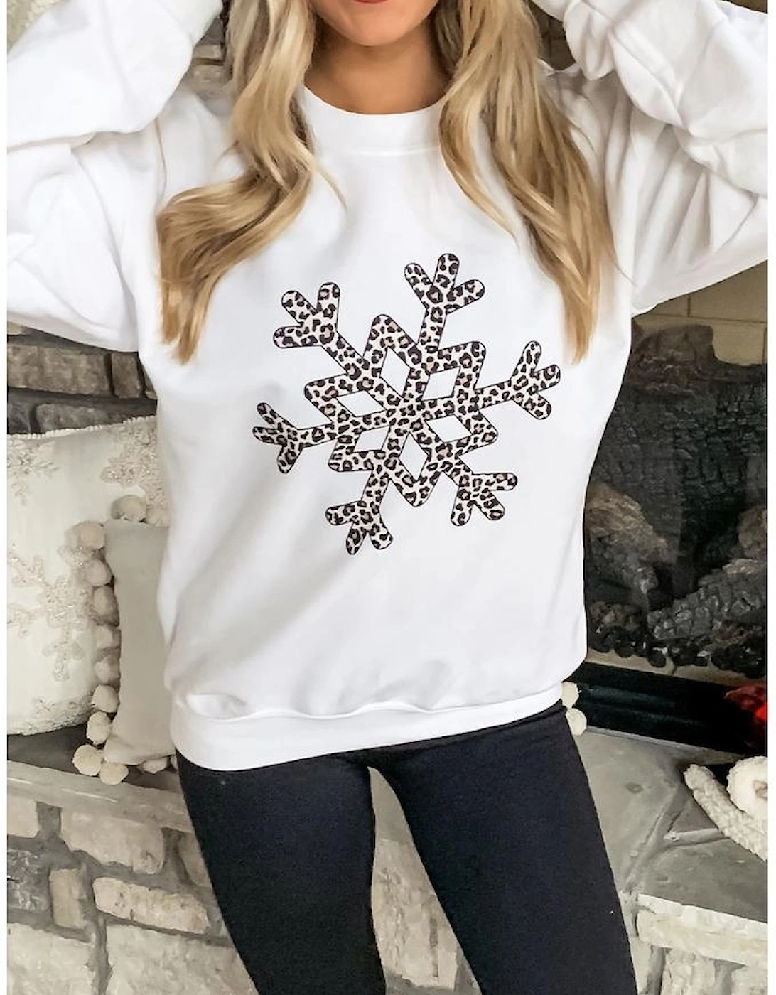 White Leopard Snowflake Pullover Sweatshirt