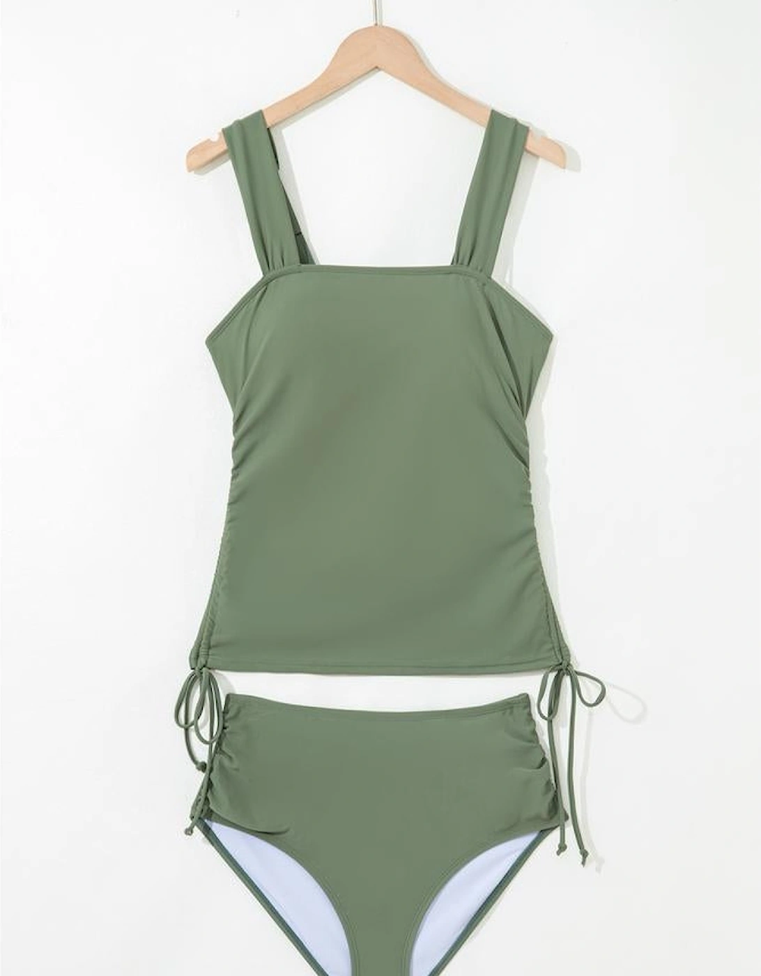 Mist Green Drawstring Ruched Wide Straps Tankini Set