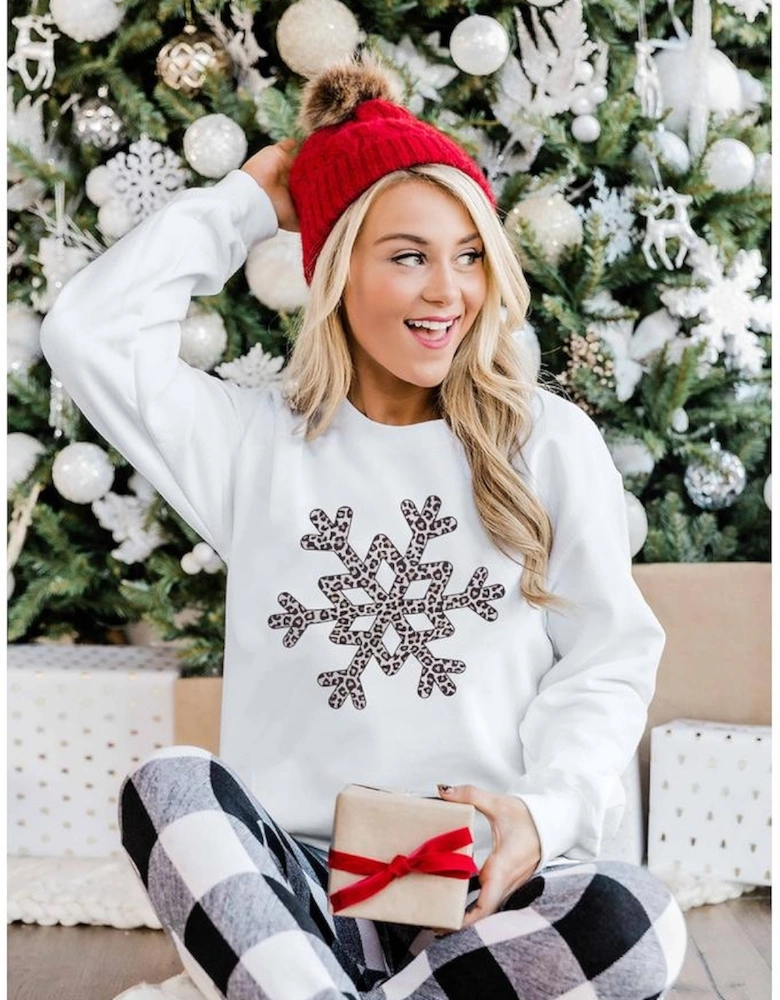 White Leopard Snowflake Pullover Sweatshirt