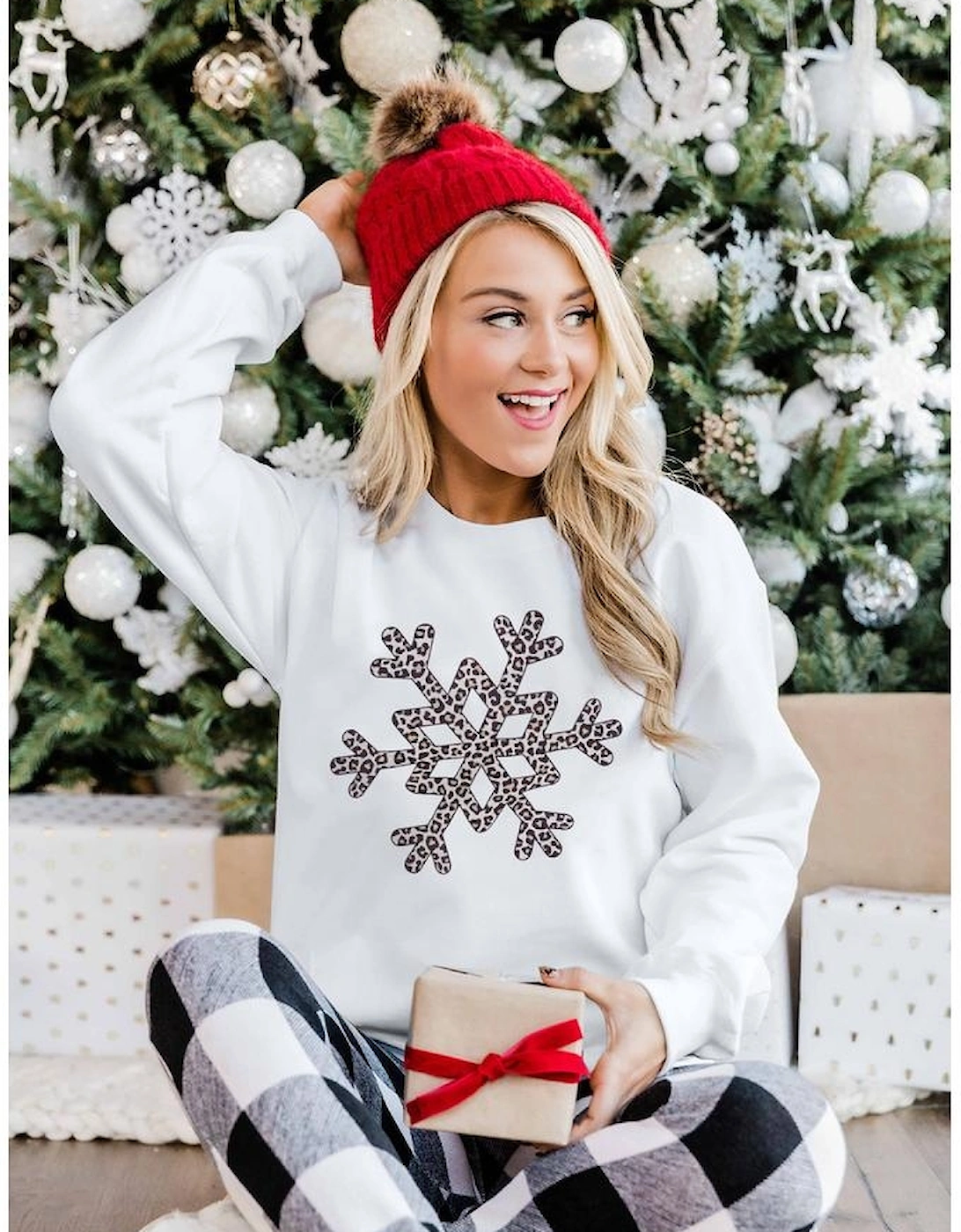 White Leopard Snowflake Pullover Sweatshirt