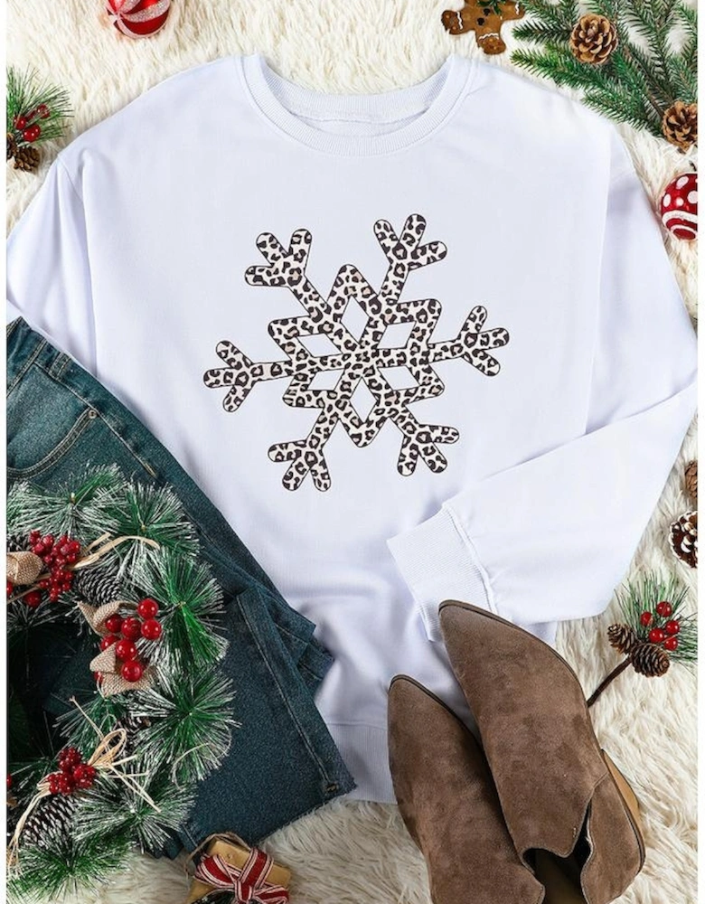 White Leopard Snowflake Pullover Sweatshirt