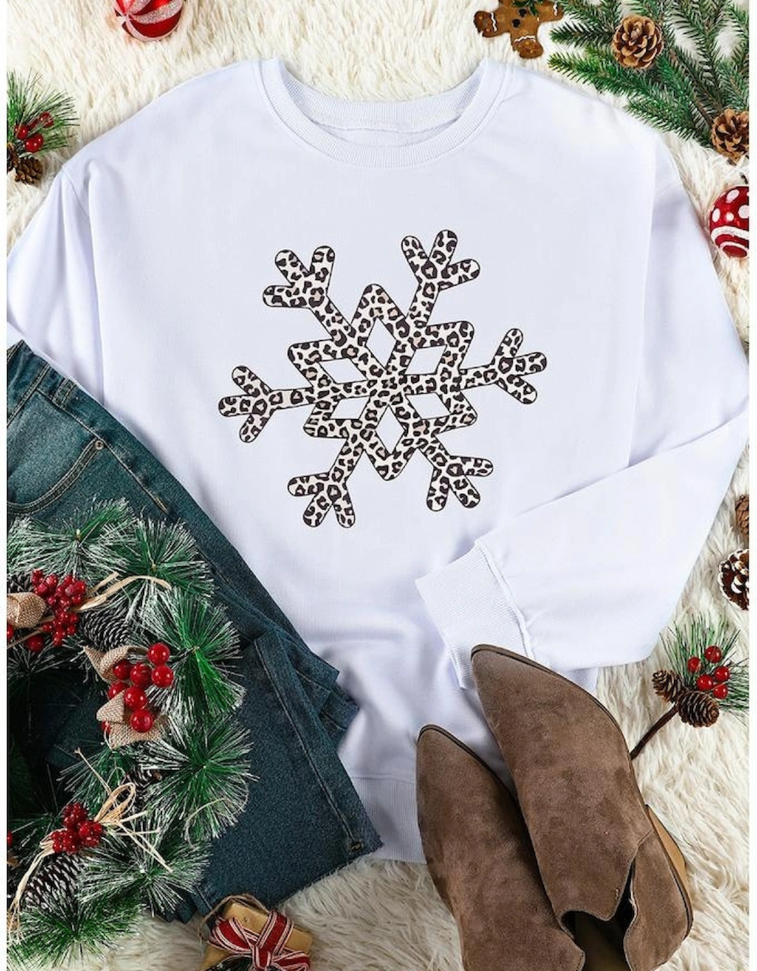 White Leopard Snowflake Pullover Sweatshirt