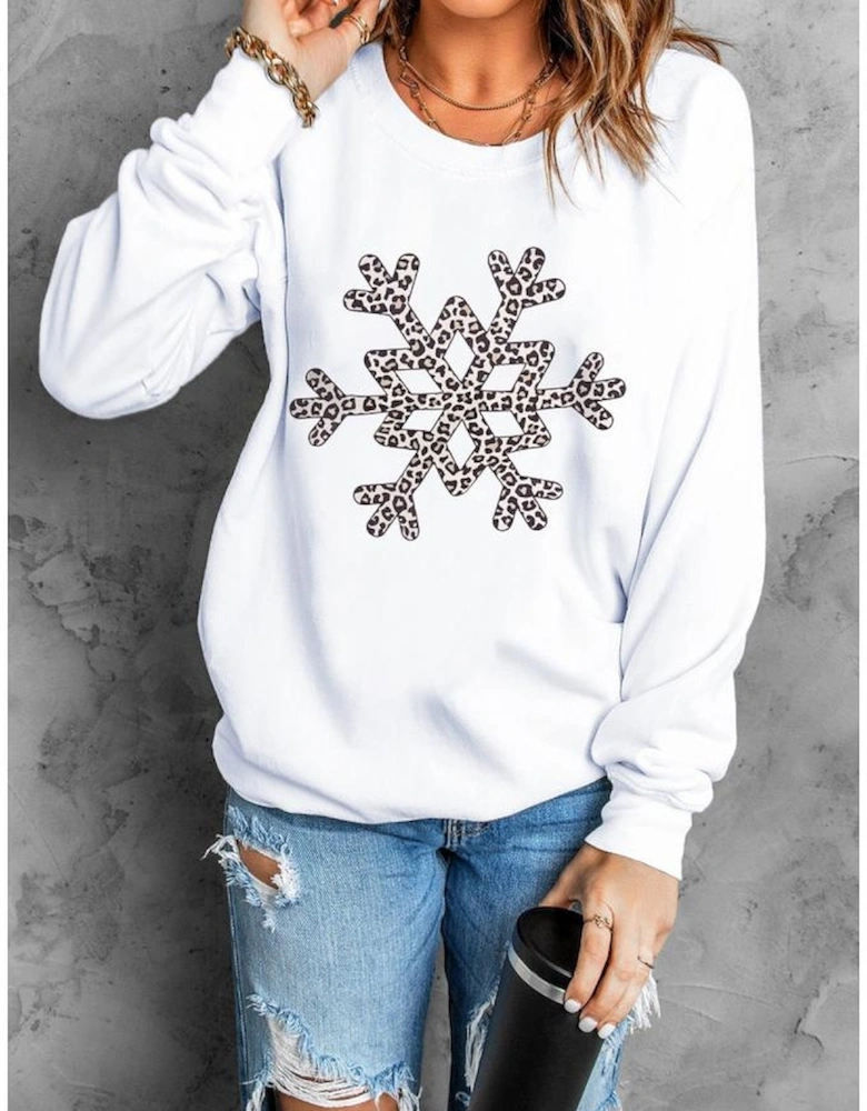 White Leopard Snowflake Pullover Sweatshirt
