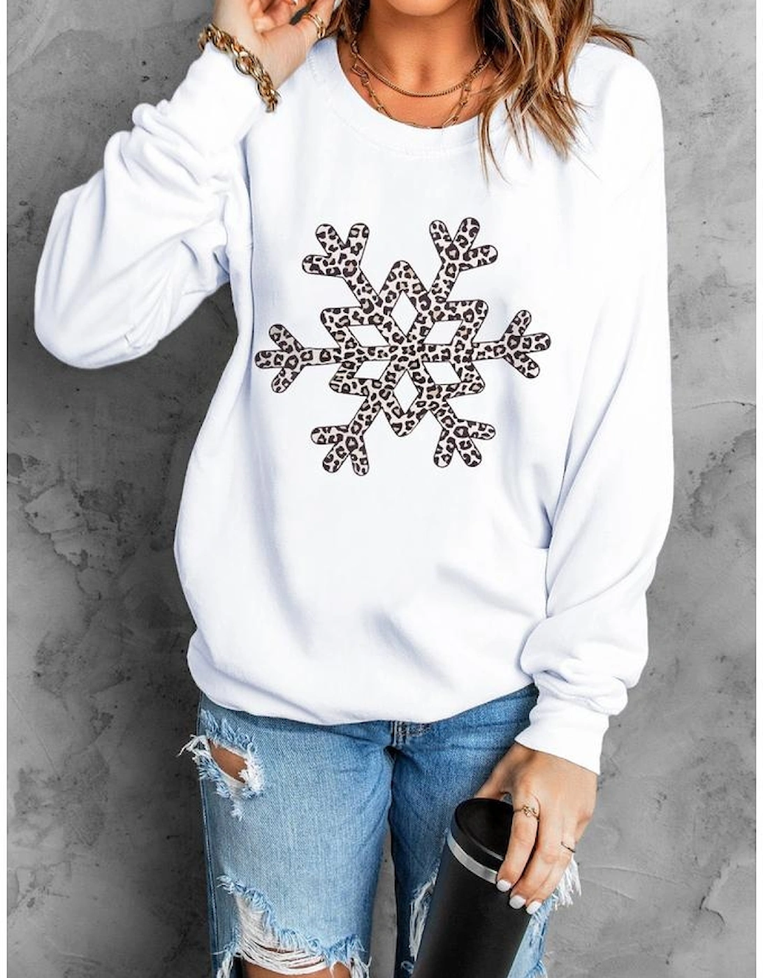 White Leopard Snowflake Pullover Sweatshirt