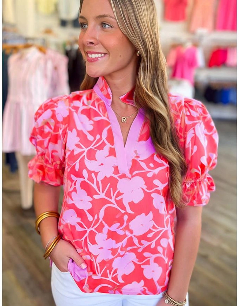 Red Floral Split V Neck Ruffled Short Sleeve Blouse Top