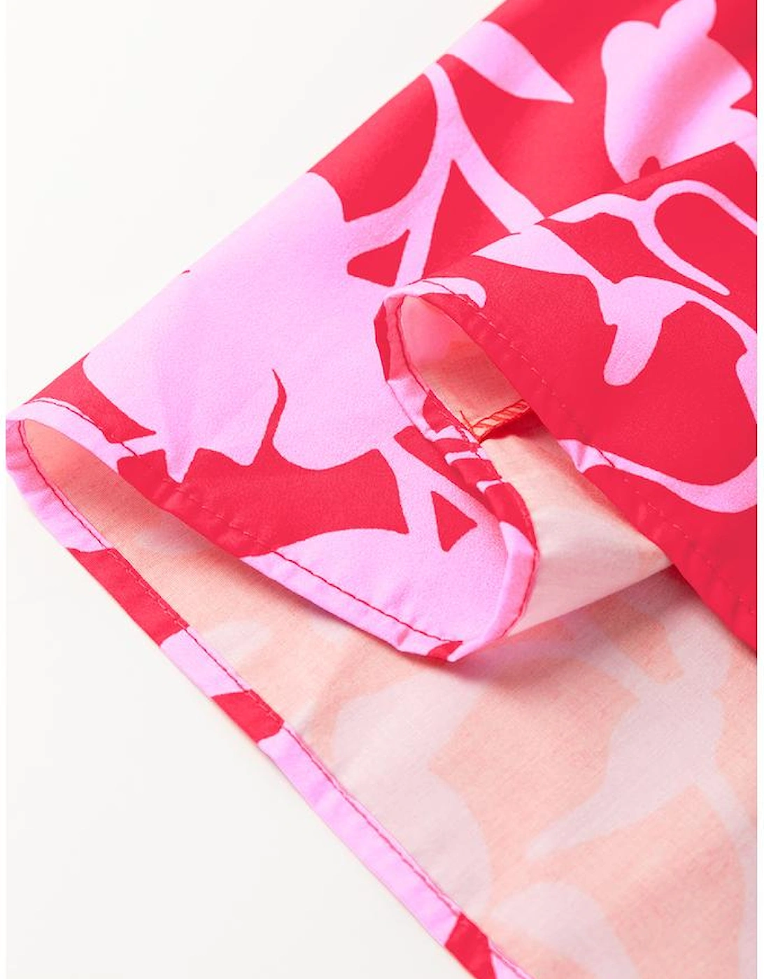 Red Floral Split V Neck Ruffled Short Sleeve Blouse Top