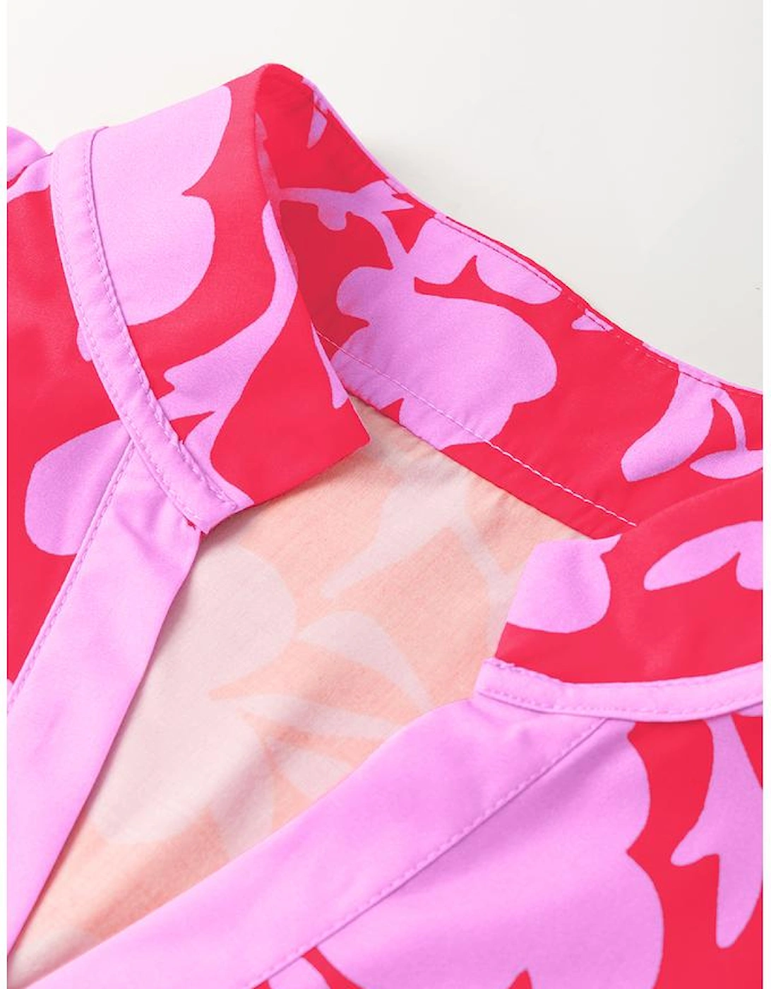 Red Floral Split V Neck Ruffled Short Sleeve Blouse Top