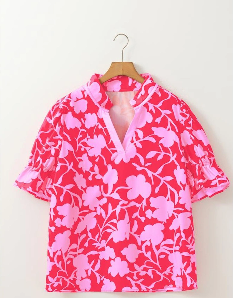 Red Floral Split V Neck Ruffled Short Sleeve Blouse Top