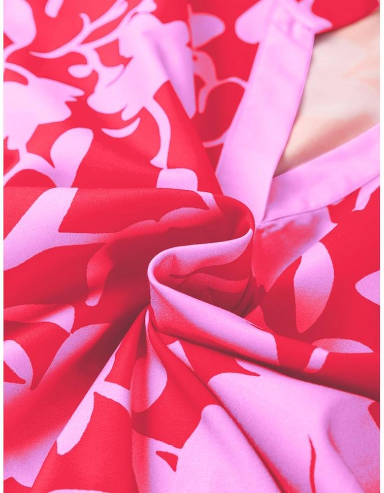 Red Floral Split V Neck Ruffled Short Sleeve Blouse Top