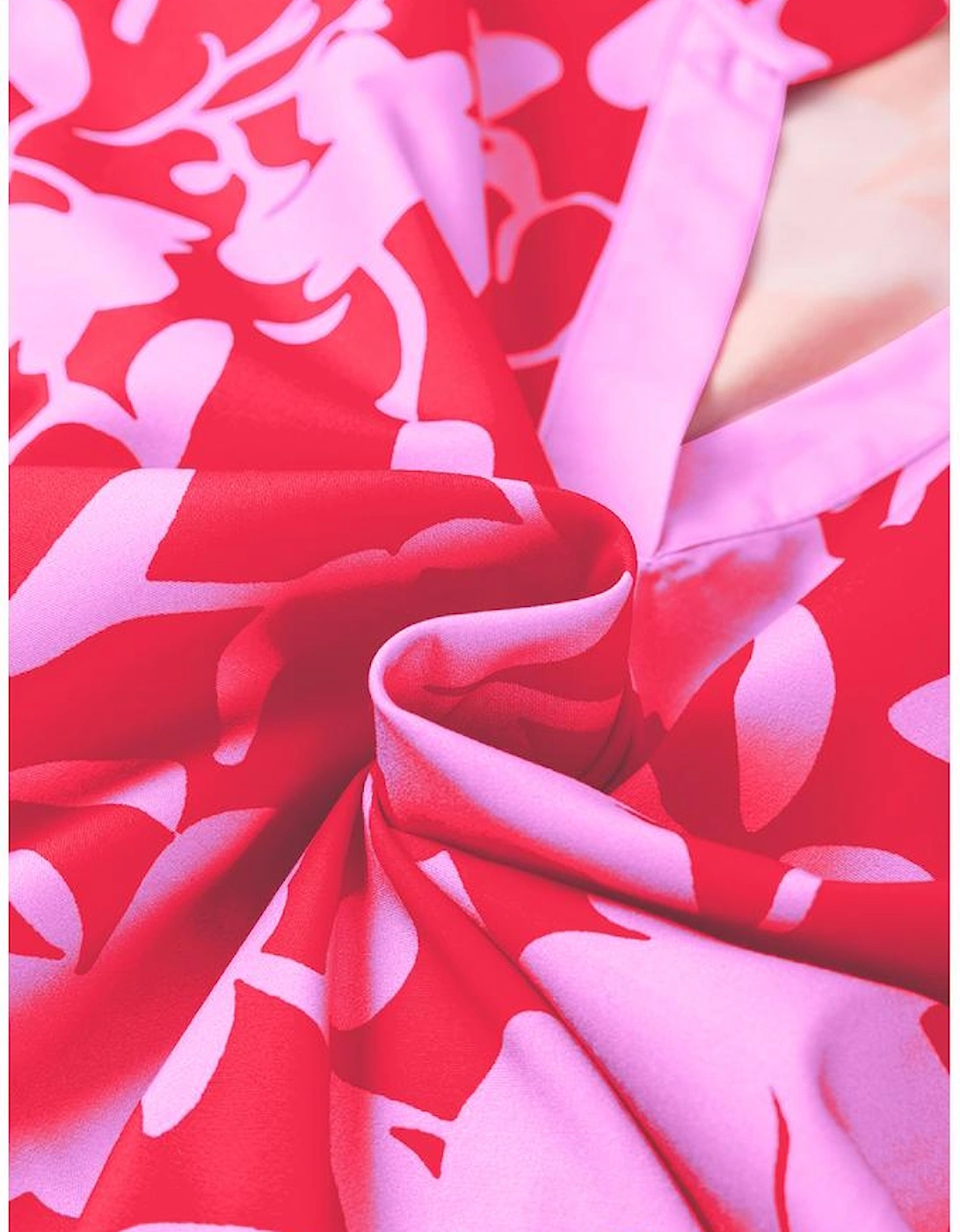 Red Floral Split V Neck Ruffled Short Sleeve Blouse Top