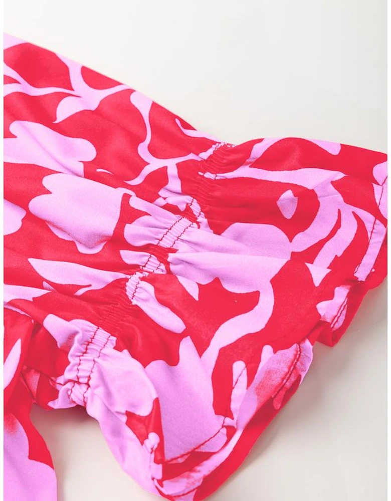 Red Floral Split V Neck Ruffled Short Sleeve Blouse Top