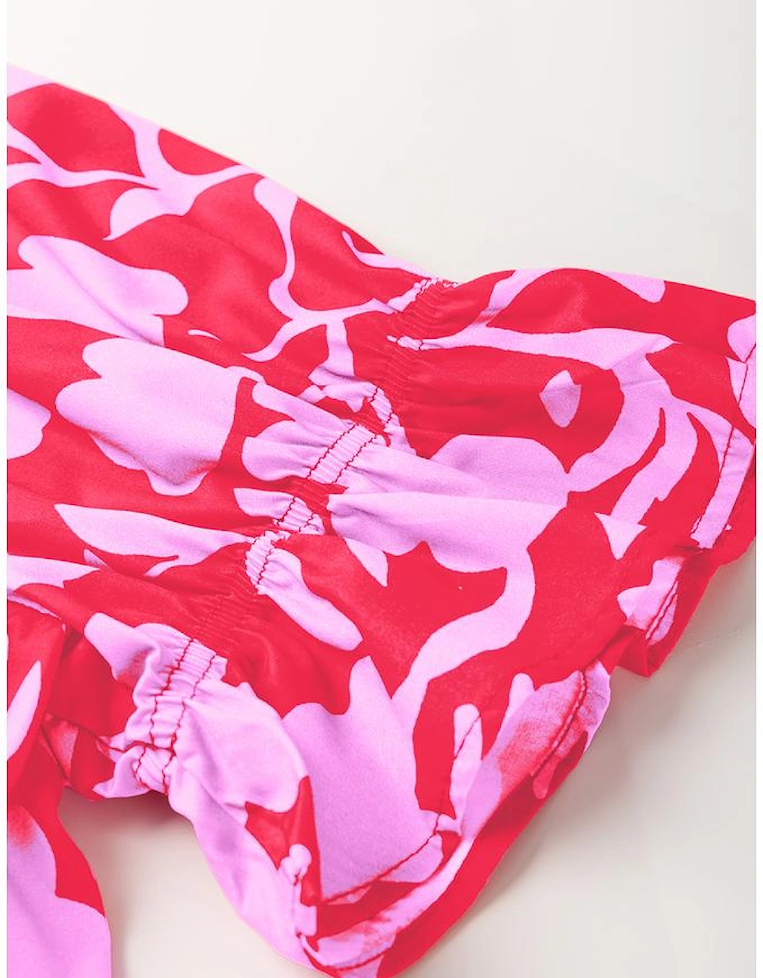 Red Floral Split V Neck Ruffled Short Sleeve Blouse Top