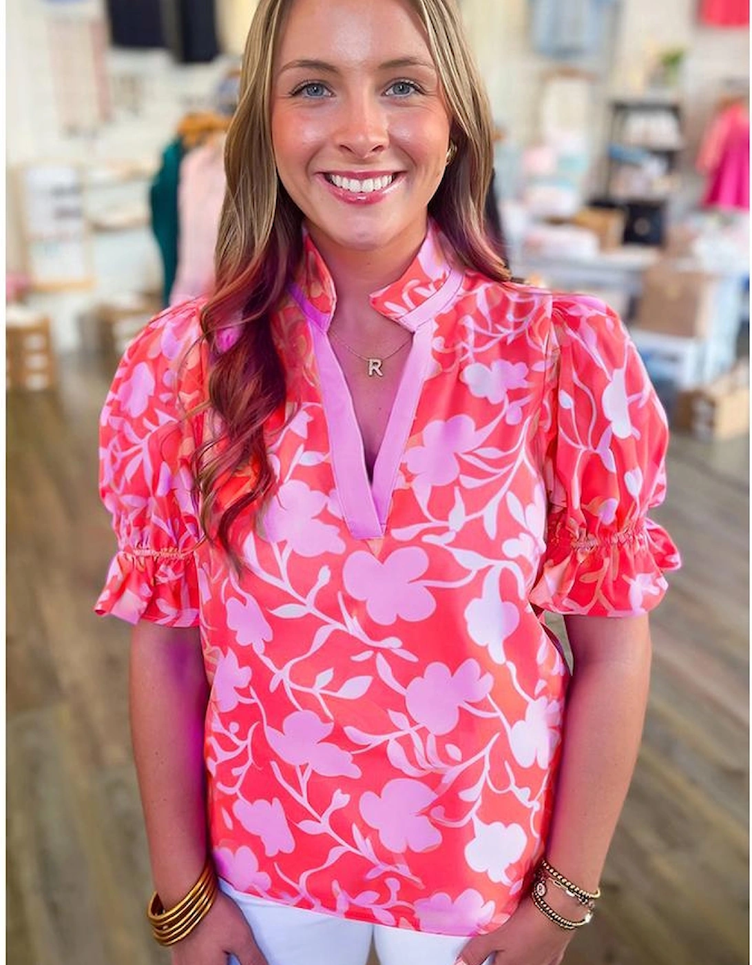 Red Floral Split V Neck Ruffled Short Sleeve Blouse Top