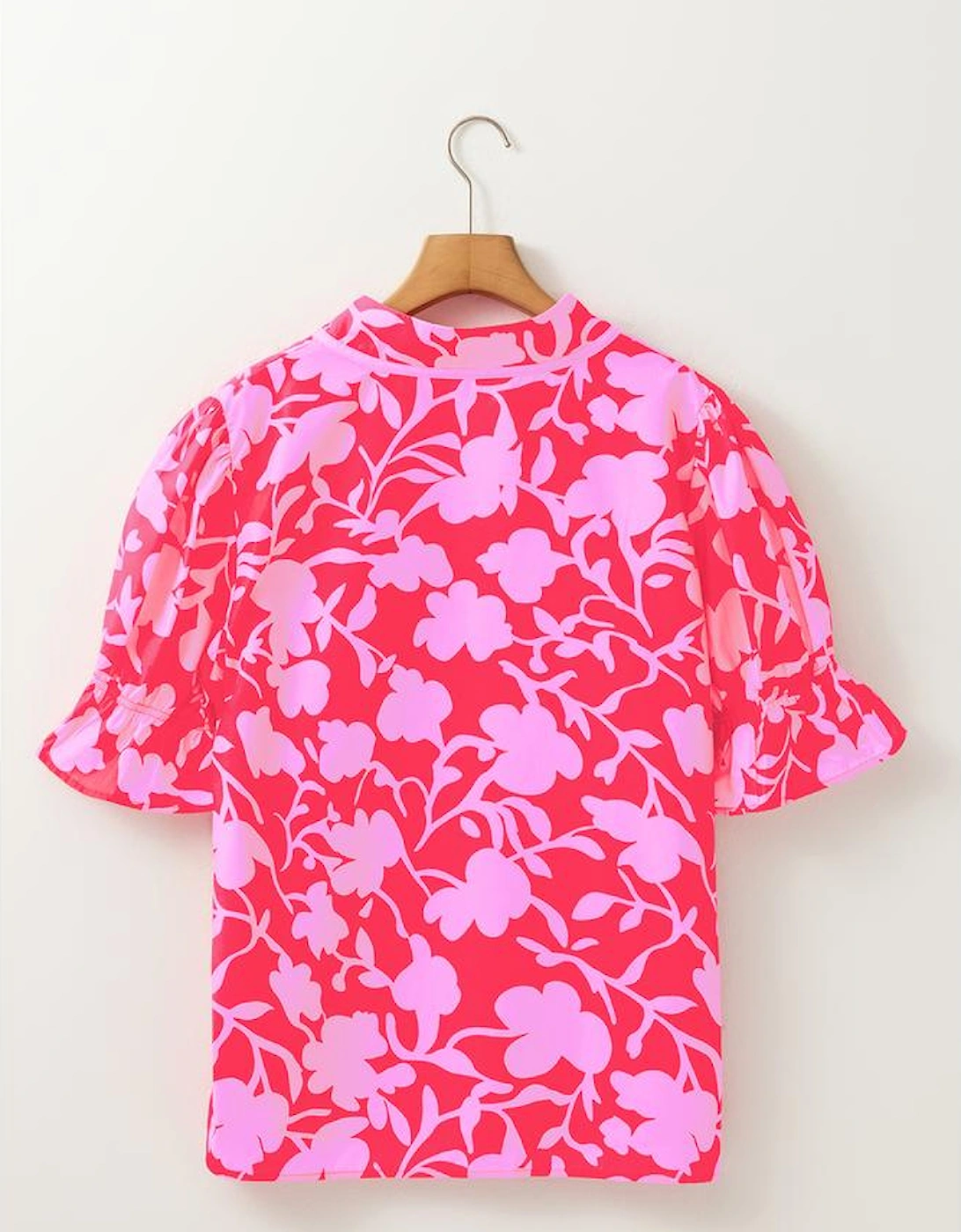 Red Floral Split V Neck Ruffled Short Sleeve Blouse Top