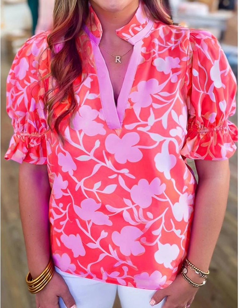 Red Floral Split V Neck Ruffled Short Sleeve Blouse Top