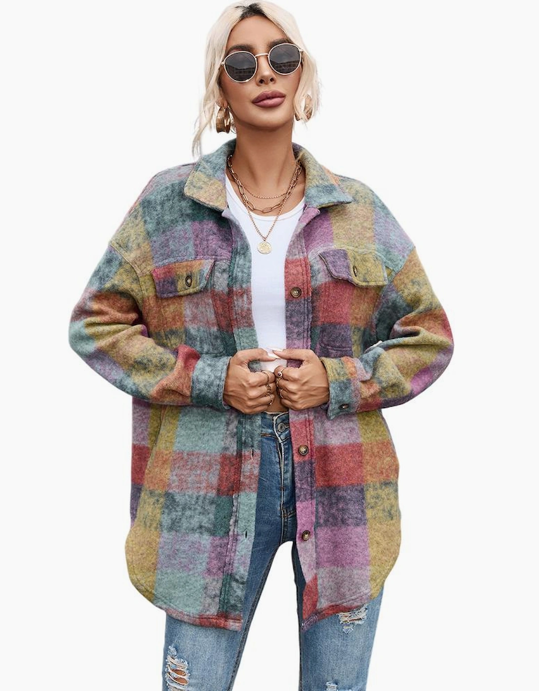 Multicolor Brushed Plaid Pocketed Oversize Shacket, 16 of 15