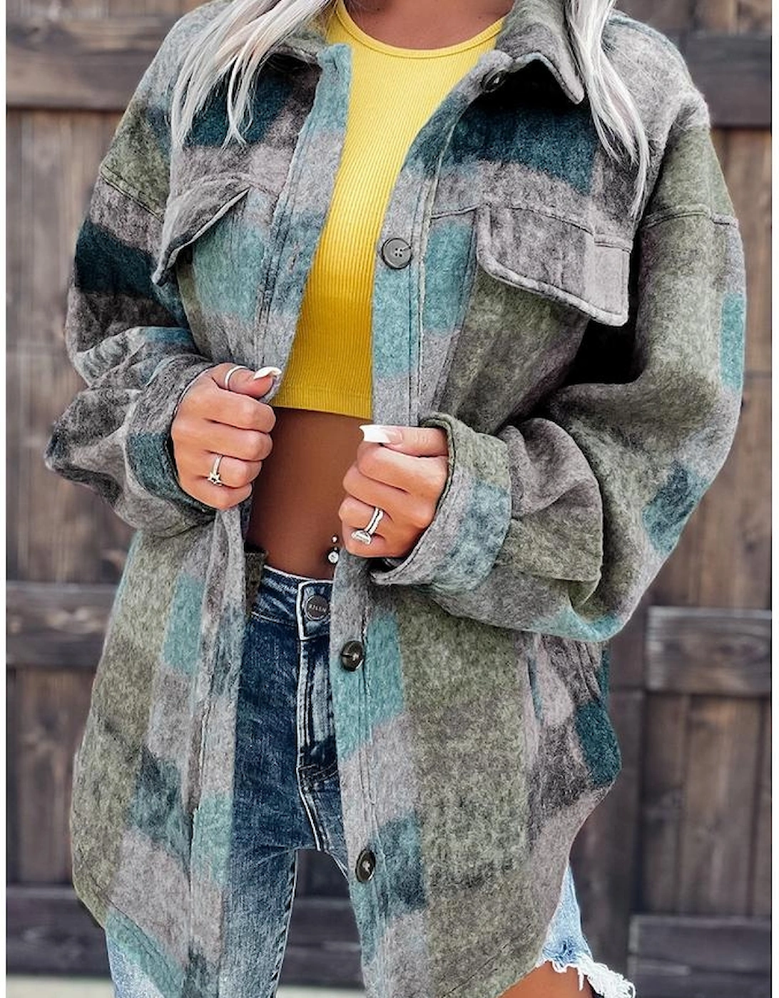 Multicolor Brushed Plaid Pocketed Oversize Shacket