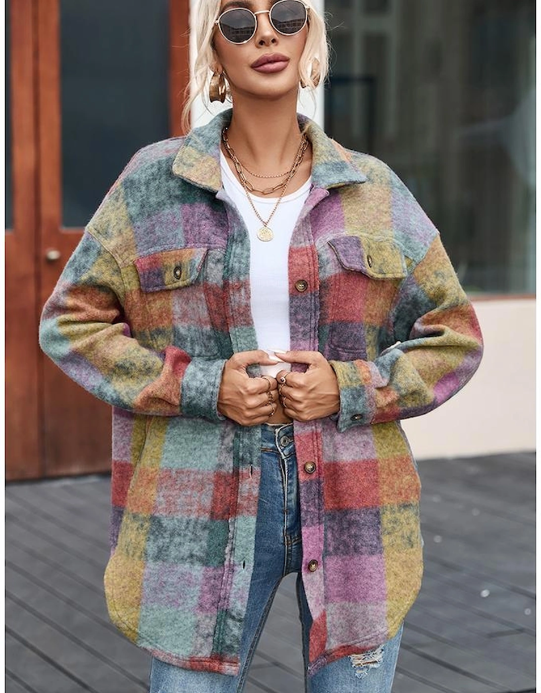 Multicolor Brushed Plaid Pocketed Oversize Shacket